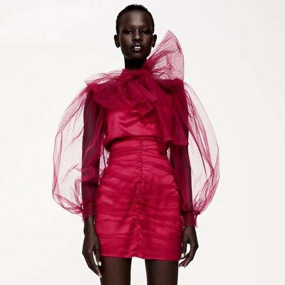 Zara TULLE SWISS DOT ORGANZA MINI DRESS W/ BOW NEW - Picture 11 of 16